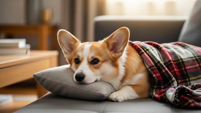 A tricolor dog rests comfortably on a pillow, covered by a plaid blanket