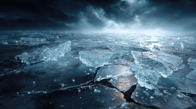 Dynamic background of broken ice in dark concept. Dramatic icy landscape under a stormy sky with ice fragments.