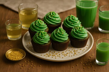 Delicious green cupcakes with creamy frosting served on a plate for St. Patrick’s Day celebration.