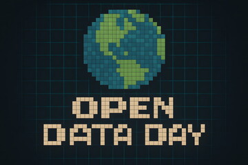 Digital Earth and “Open Data Day” text on a pixelated screen background.