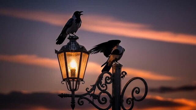 Crows Silhouette on Vintage Street Lantern Against Sunset Sky