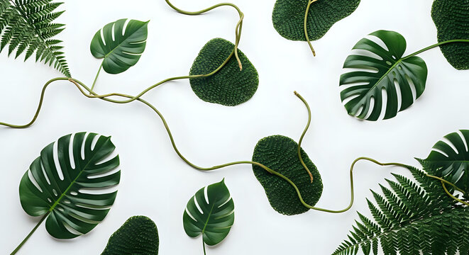 Lush monstera and fern leaves create a refreshing tropical vibe perfect for branding, summer promotions, or nature-inspired designs, inviting a sense of organic beauty and calm