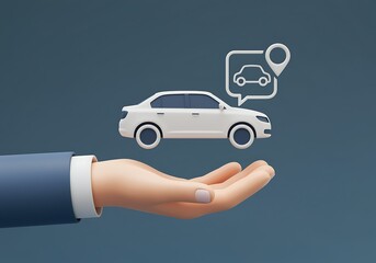 Conceptual hand presenting a white car with location marker in speech bubble promoting car rental services or navigation apps