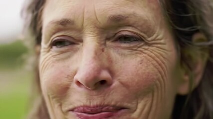 Portrait of mature woman with eyes closed and smiling in natural light; conveys happiness for social media