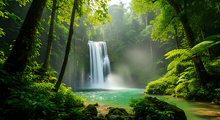 Discover the tranquility of a hidden waterfall cascading into a vibrant turquoise pool, surrounded by lush green forest, perfect for travel, nature, and serene escape themes