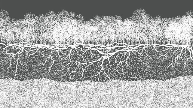 White tree branches and root system against dark gray background and textured soil roots
