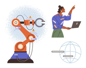 Robotic arm with warning icons, engineer holding laptop pointing to screen, and abstract globe graphic. Ideal for innovation, automation, AI, robotics, technology, education and industry