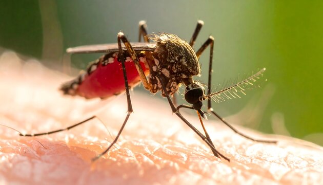 Mosquito feeding. Bright, macro shot of insect biting human skin, with blurred green backdrop