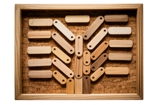 Tree collage made from wood samples on a corkboard in a frame isolated with transparent background