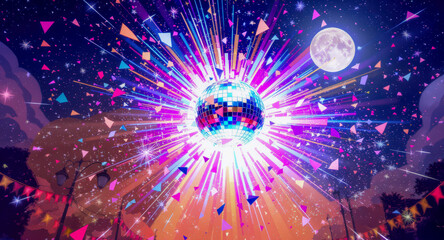 Disco ball burst above street garlands sparkling under full moon, vibrant night party atmosphere, colorful confetti, festive celebration