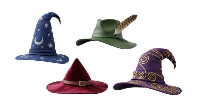 A collection of whimsical and colorful wizard hats against a white backdrop
