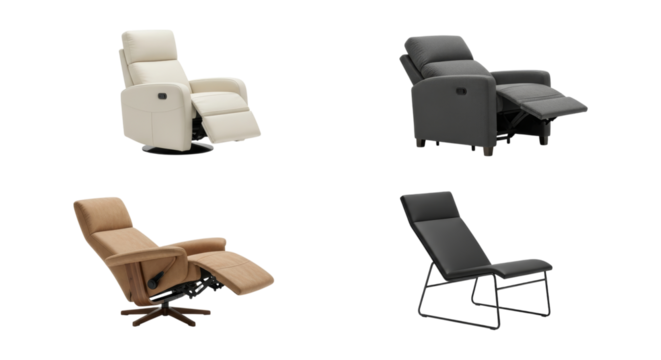 Selection of stylish recliners and lounge chairs on a clean white background