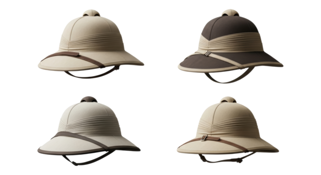 Collection of pith helmets in various shades for sun protection wear