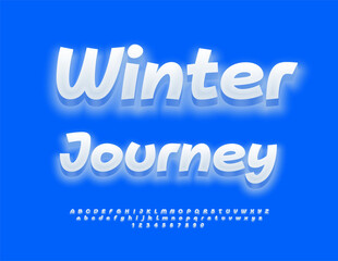 Vector Snow emblem Winter Journey. Dynamic White Font. Joyful 3D Alphabet Letters and Numbers set.