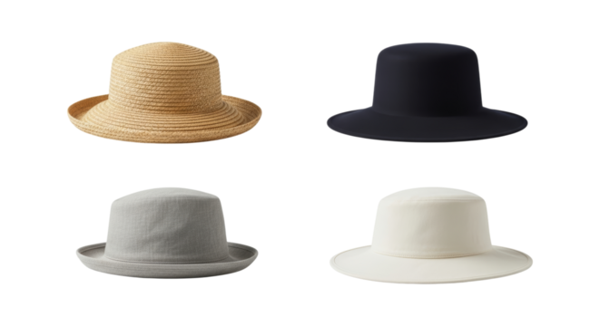 Stylish hat collection featuring straw, black, gray, and cream on isolated background