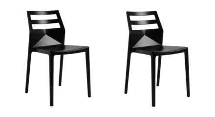 Two modern black chairs with minimalist design isolated on a white background