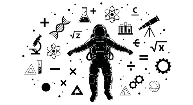 An astronaut floats among a constellation of icons representing science, mathematics, and education, symbolizing the pursuit of knowledge through space exploration