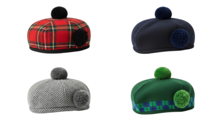 Collection of Scottish bonnets in different styles and colors on white background