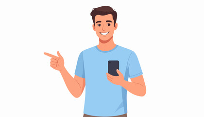 Smiling young man confidently holding a smartphone and pointing, ideal for presenting new mobile apps, product features, or promoting digital content and services