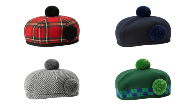 Collection of Scottish bonnets in different styles and colors on white background