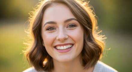 Fototapeta premium Joyful Radiance: Capturing the natural, beautiful smile of a woman, radiating genuine happiness, with a soft background. 