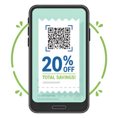Mobile coupon qr code discount 20 percent promo savings smartphone receipt digital voucher offer boosts excitement
