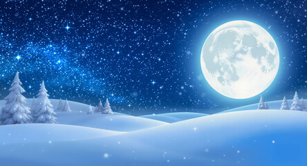 Starry night over snowy hills with glowing full moon, serene winter landscape, sparkling snow, peaceful and magical atmosphere