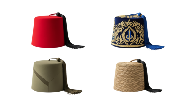 Collection of Decorative Fez Hats with Tassels in Assorted Colors