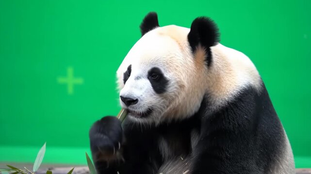 Panda eating bamboo against a green screen background for video editing
