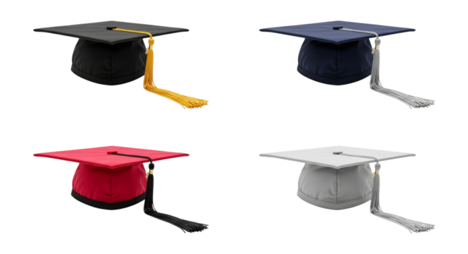 Four graduation mortarboards symbolizing scholastic achievement and future success