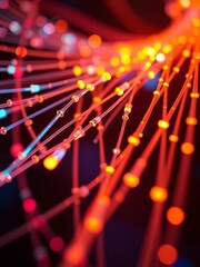 Close-up of glowing fiber optic cables transmitting data,  speed,  communication