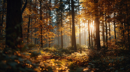 Fototapeta premium A view through a forest of tall trees with autumn foliage and sunlight streaming through the trees