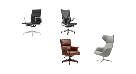 Diverse chair assortment presenting varied styles and ergonomic office seating