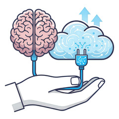 Hand holding human brain connected to digital cloud, symbolizing artificial intelligence, data transfer, and innovative technology concepts