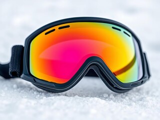 Close-up of ski goggles on a white background, highlighting a sleek design and durable construction for winter adventures ,  detail,  snow gear
