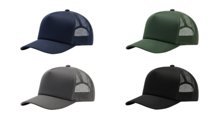 Assorted trucker hats displaying diverse color shades in isolated arrangement