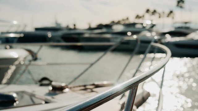 Close up of chrome railing and wooden deck of a luxury yacht docked in a marina under golden light