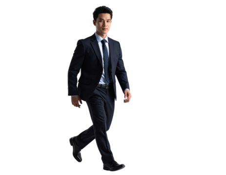 Young businessman in a suit walking confidently forward full body shot.