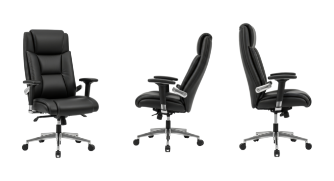 Ergonomic black leather office chair with adjustable headrest on white surface