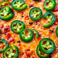 Close-up of vibrant green bell pepper slices scattered on a gourmet pizza ,  cooking,  healthy