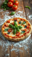 Close-up, rustic wooden table with scattered flour and fresh basil leaves around a mouthwatering pizza,  overhead,  fresh
