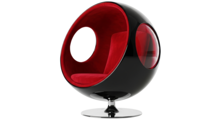 Sleek black egg chair with red interior, isolated on clean white