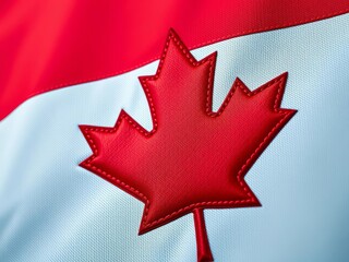 Close-up view of a Canadian flag's intricate red maple leaf emblem and stitching,  symbol,  national