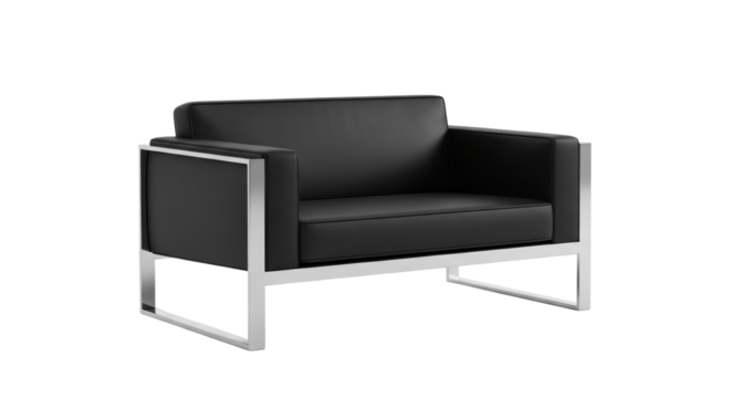 Modern black leather armchair with polished chrome frame, studio shot