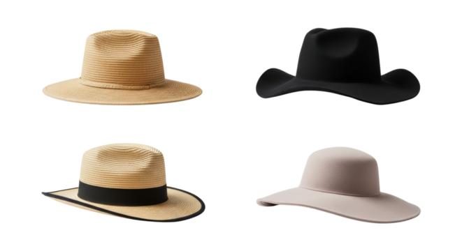 Collection of fashionable hats, diverse styles on a clean background