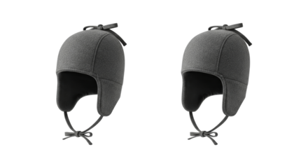 Pair of cozy gray earflap hats on clean white for winter warmth