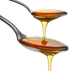 Golden, sweet honey liquid dripping from a wooden spoon, isolated on a white background