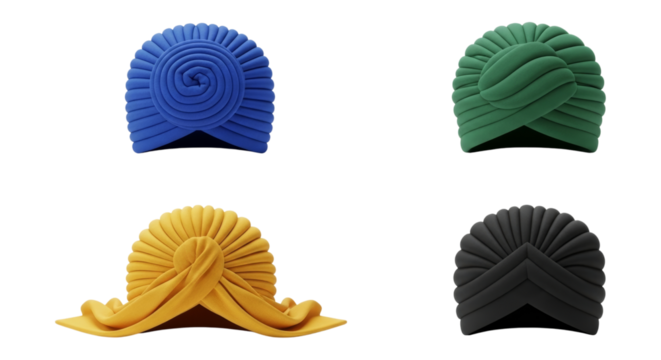 Vibrant array of stylized turbans in diverse shapes and striking colors