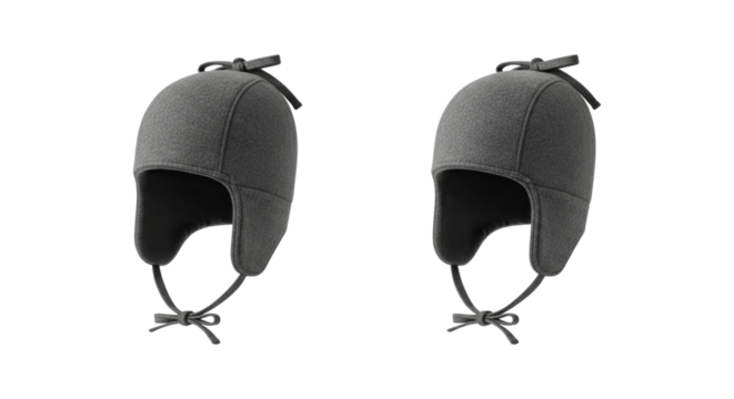 Pair of cozy gray earflap hats on clean white for winter warmth