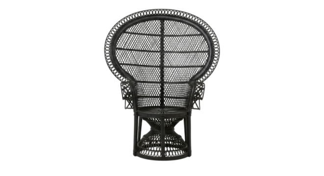 Elegant black wicker peacock chair with intricate openwork design style